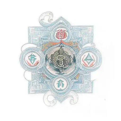 A Traditional-style Tattoo Of A Buddhist Mantra Surrounded By Intricate Norse Mythology Symbols