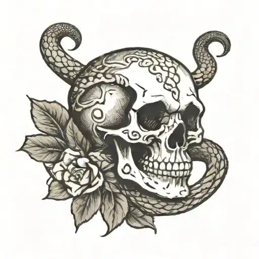 Skull Wrapped With A Snake Black And White