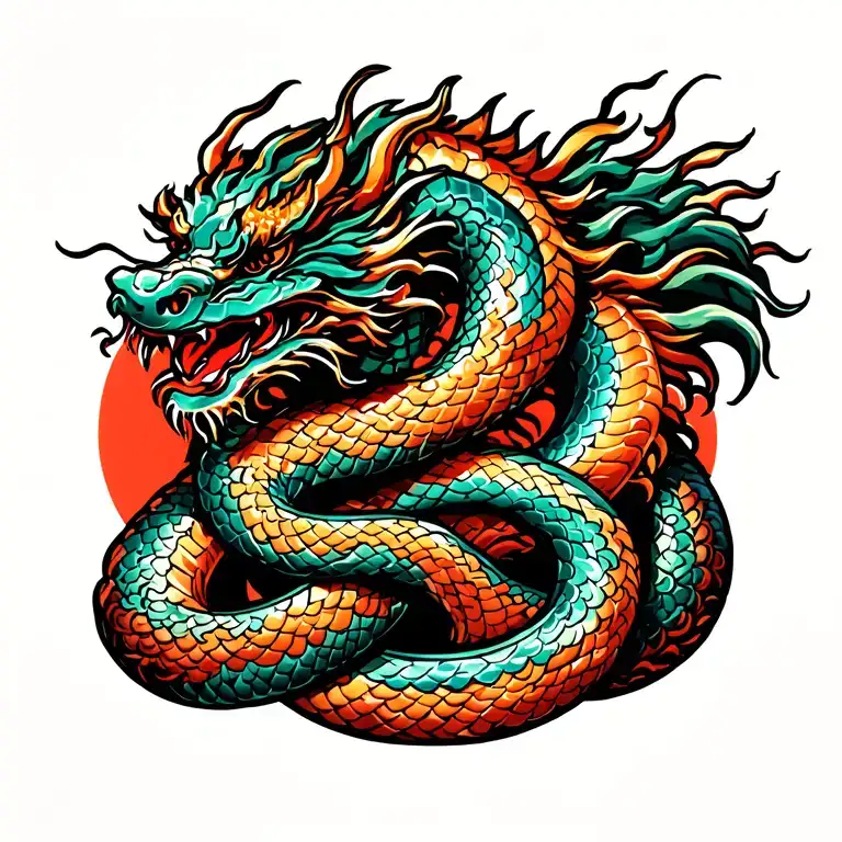 Chinese Dragon Intertwined With A Snake Wrapped