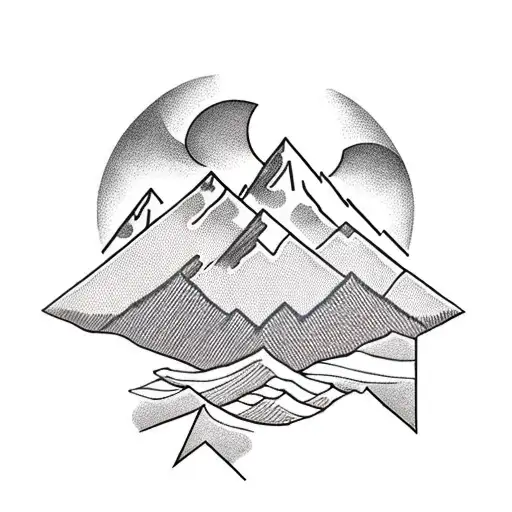 A Blackwork Tattoo Of A Majestic Mountain Range With Hiking Trails