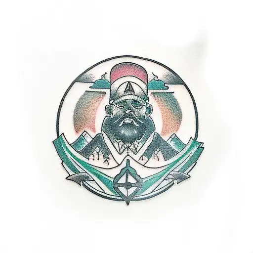 A Tattoo Of A Hiker Surrounded By Black And Green Geometric Shapes