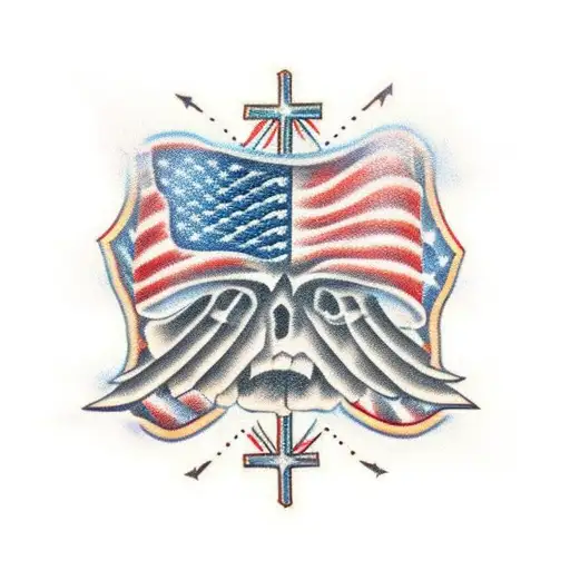Ripped Skin American Flag Tattoo With Christian Cross On Top