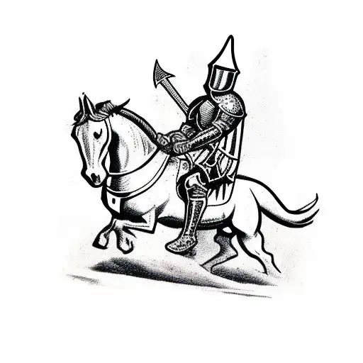 Medieval Knight On A Horse And Young Squire Fight A Trex