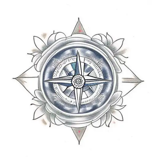 A Traditional-style Tattoo Of A Compass Intertwined With Blooming Flowers
