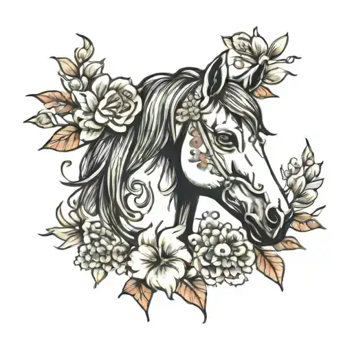 Horse Face And Flowers Surrounding