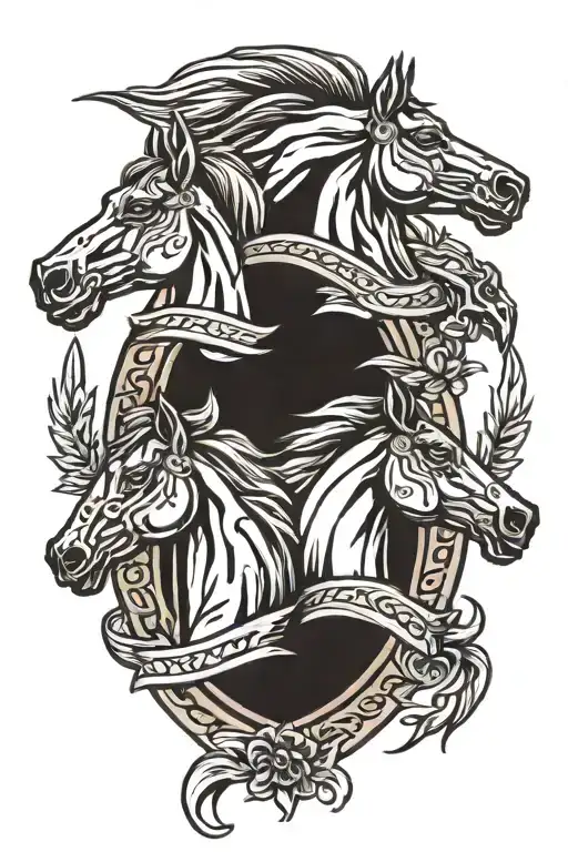 Three Horse Heads All Facing One Diretion In A Horseshoe American Traditional Style