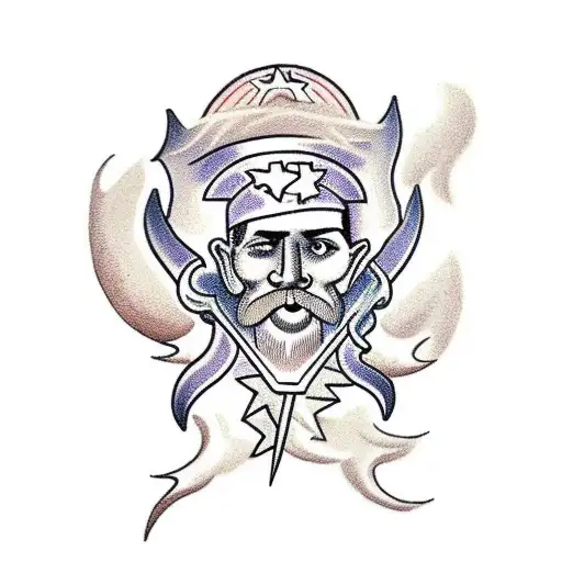 A Traditional Tattoo Of A Historical Figure Playing A Guitar With Lightning In The Background