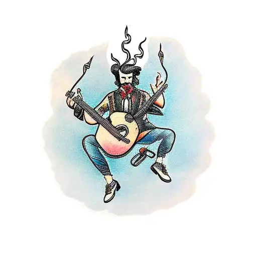 A Traditional Tattoo Of A Historical Figure Playing A Guitar With Lightning In The Background