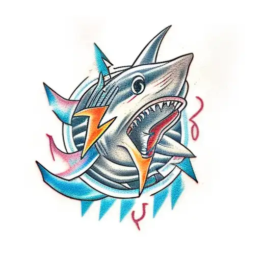 Arm Tattoo With Lightning Starting At The Shoulder And A Shark At The Forearm