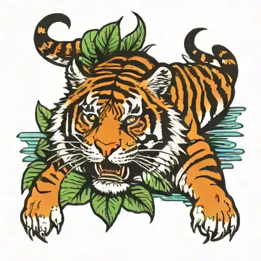 Tiger With Lily Pad Colored Side Of Thigh
