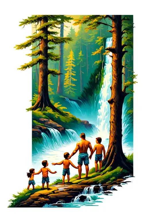 A Man Standing In A Forest Holding Hands With His 2 Sons Watching A Waterfall