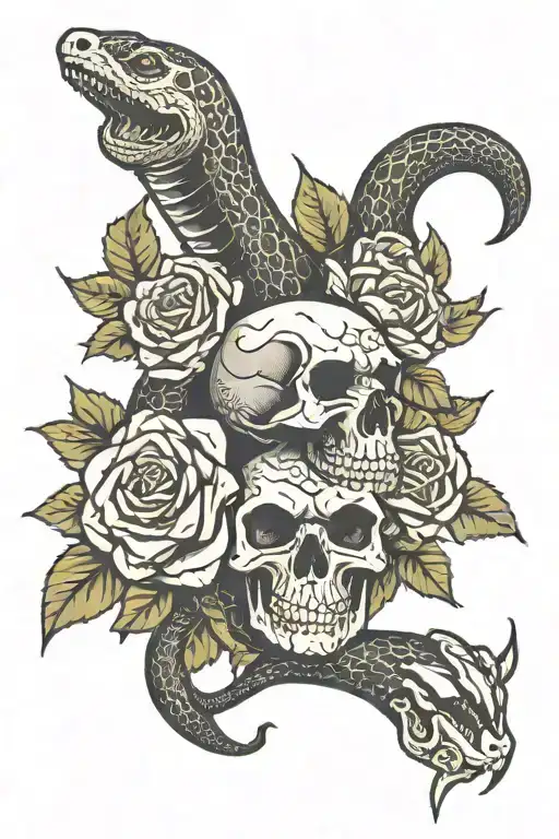 Black Mamba Snake With Skulls And Roses