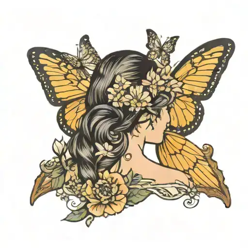 Back Of Woman With Half Butterfly Wing And Half Flowers With Honeycomb Background For Sleeve