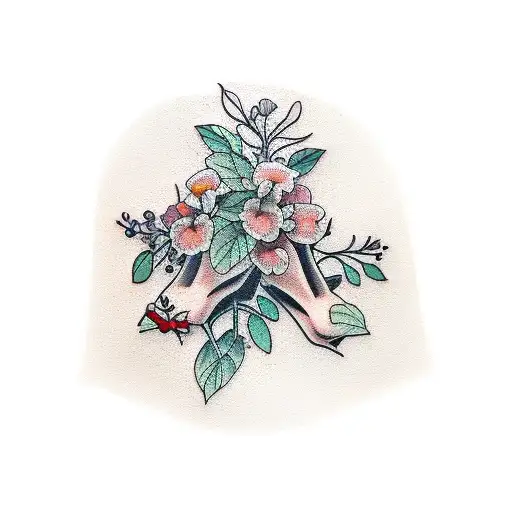 Three Female Hands Holding Vine With Wildflowers Growing From It