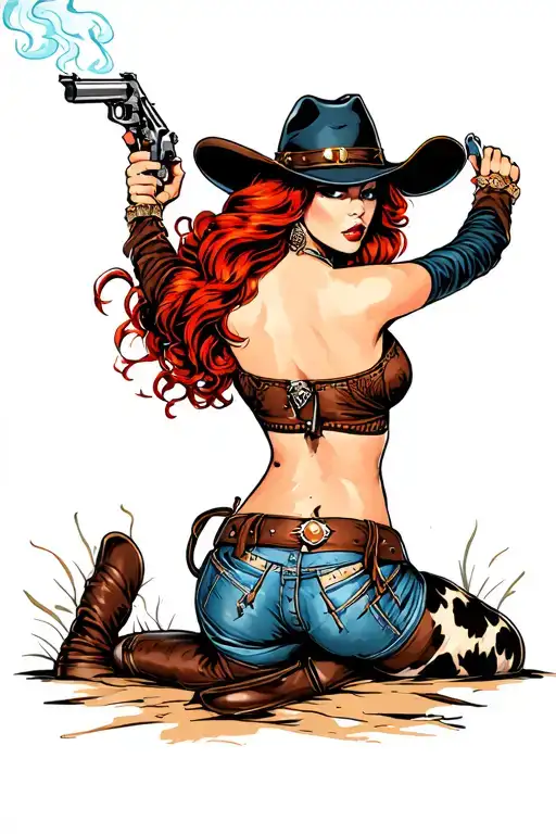 Red Hair Cowgirl Wearing Cowprint Assless Chaps Looking Over Her Shoulder And Holding A Smoking Gun