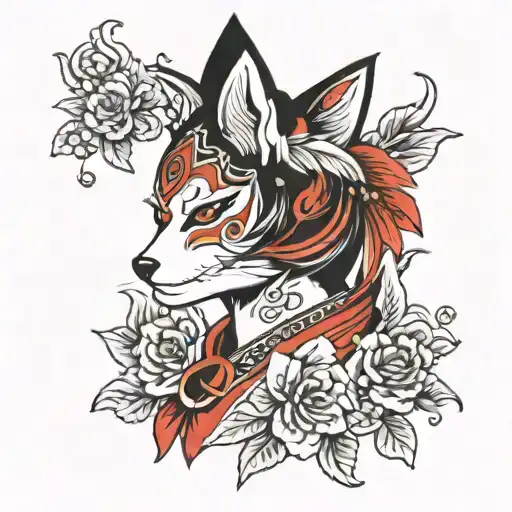 Girl Kitsune Shoulder Length Half Sideways Face Straight Colors Black White And Red