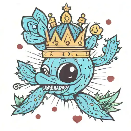 Blue Cactus With A Crown And Heart And A Smiling Fish