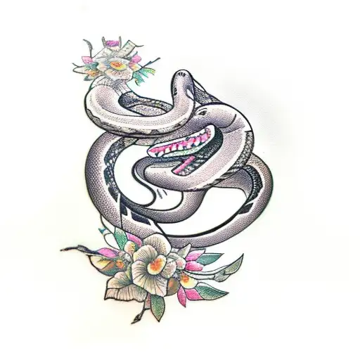 Snake Wrapping Around A Branch With Flowers Around