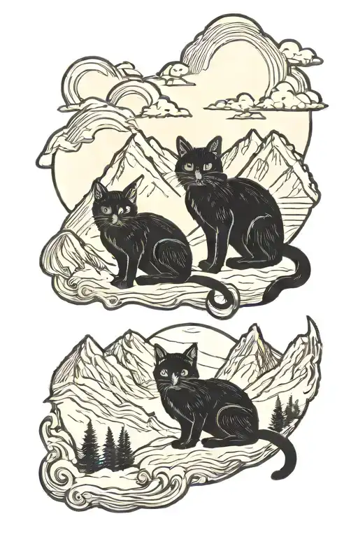 Two Black Cats With Mountains In The Background