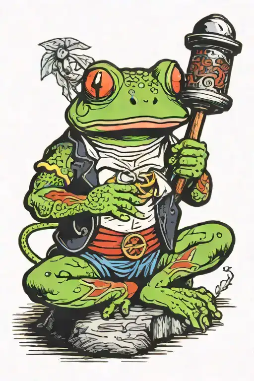 Red Eye Tree Frog Coaching Debate Holding A Judge's Gavel While Sitting A Tibetan Mountain