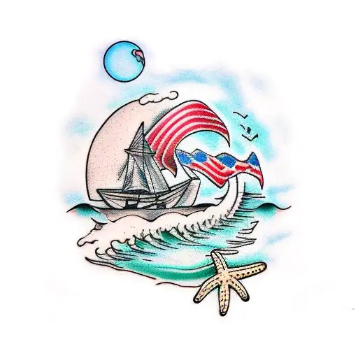 Beach With Moon & Mom And Son