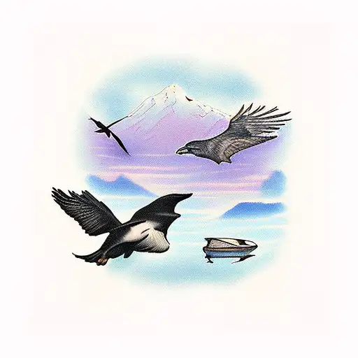 A Realistic Portrayal Of A Calm Lake With A Raven Flying Above It