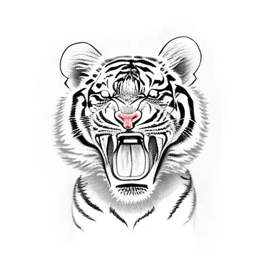 A Baby Tiger Inside The Mouth Of A Tiger With Blue Eyes