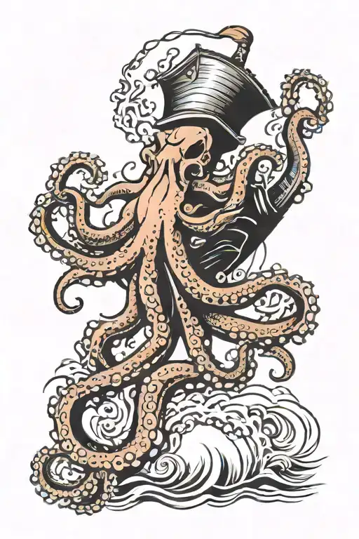 Tradicional Tattoo To Close Te Back Of An Octopus Catching A Boat