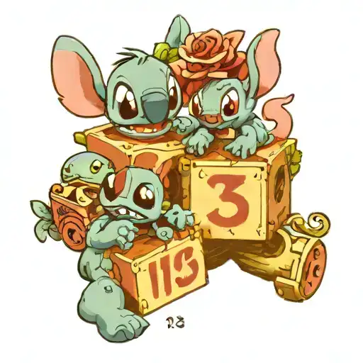 Stitch And Scrump Holding Kids Blocks With Numbers 12 And 15