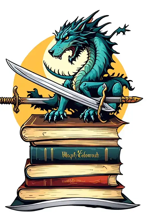 Stack Of Books Top One Open With A Dragon On Top Two Swords Fantasy Wolf And Moon
