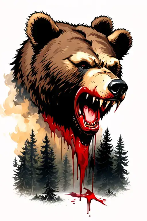 Menacing Bear Head With Blood Dripping From Teeth And A Smokey Forrest Background