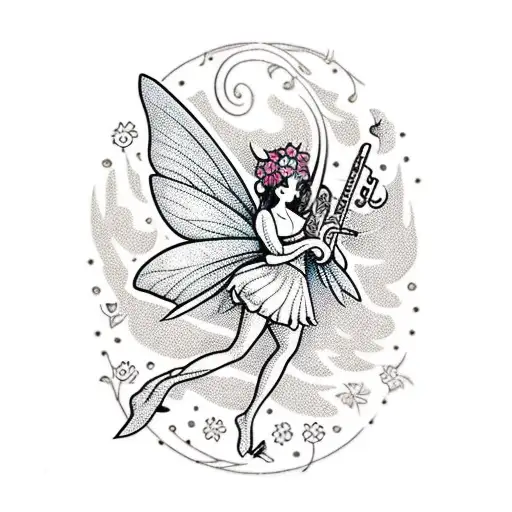 A Fairy Playing A Musical Instrument Surrounded By Flowers