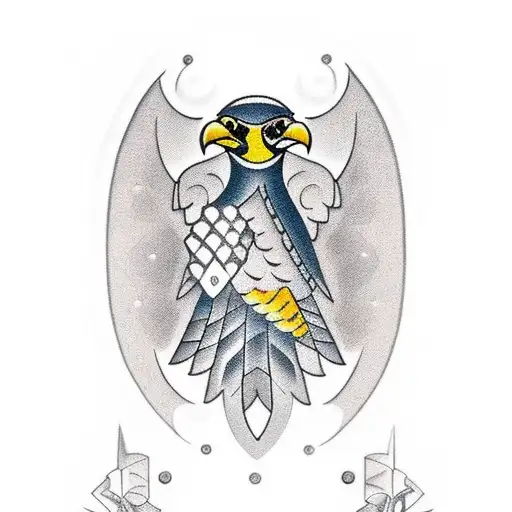 Create A Traditional Tattoo Of A Falcon With Gaming Symbols Incorporated Into Its Feathers