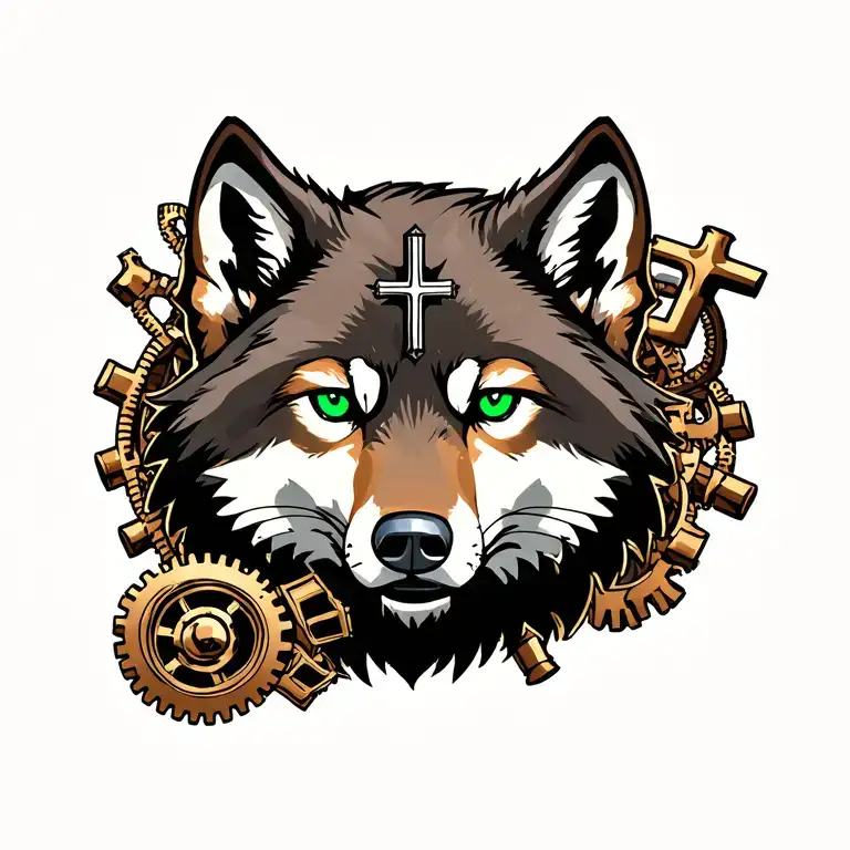 Steampunk Wolf With Gears And Emerald Green Eyes And A Cross