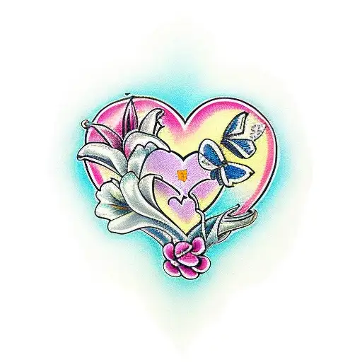 Love Heart With Pink Lilly And Butterfly