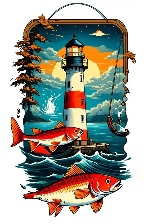 Fishing Line And Light House With Red Fish