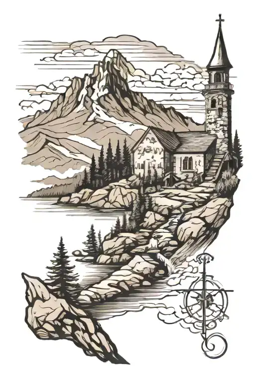 A Mountain Landscape With A Church Steeple In The Background