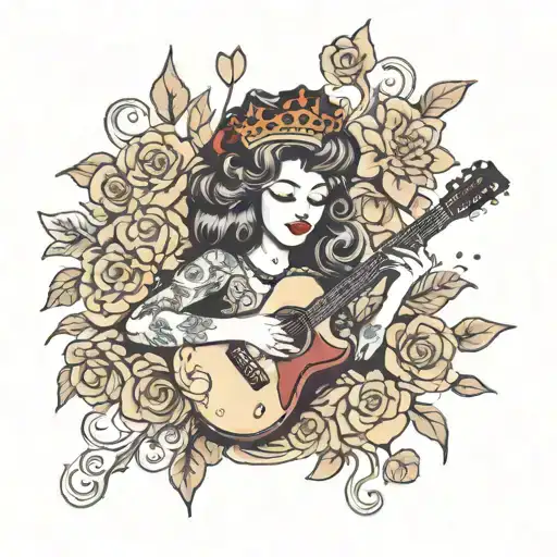 Queen Playing Guitar With Love In Her Eyes And Flowers In Her Hair