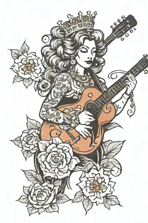 Queen Playing Guitar With Love In Her Eyes And Flowers In Her Hair