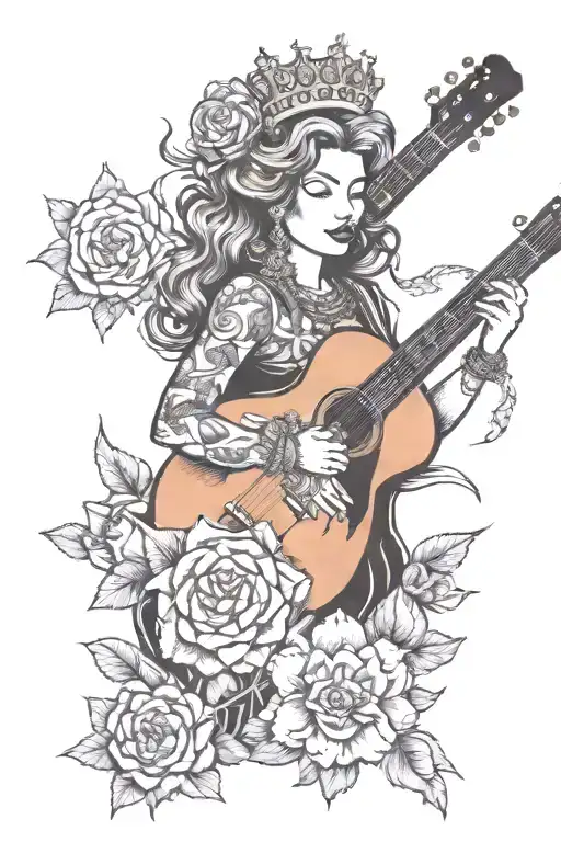 Queen Playing Guitar With Love In Her Eyes And Flowers In Her Hair Slightly Crying