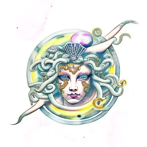 Goddess Medusa Eyes With Watercolor Effects And Versace Background