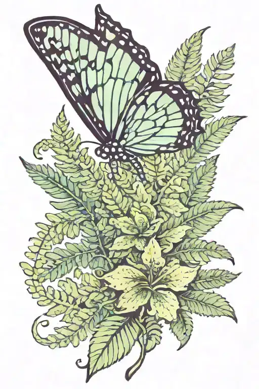 Half Sleeve Tattoo With Green Fern Leaf And Blue Butterfly