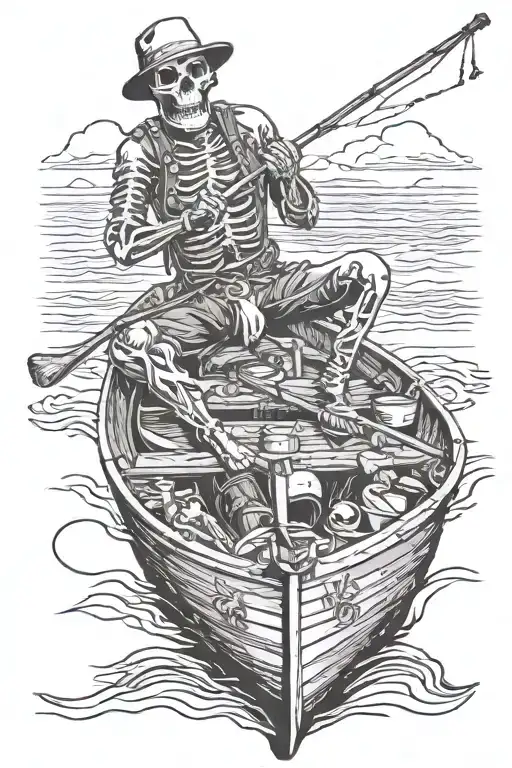 Skeleton Fisherman Fishing While Sitting In A Boat