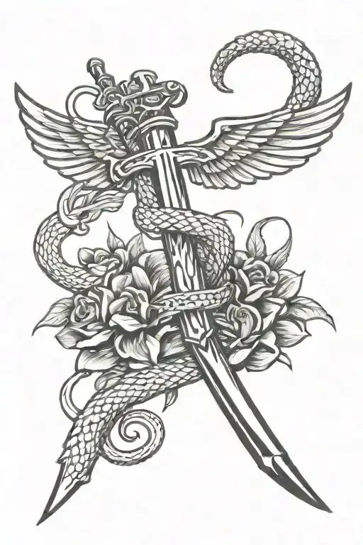 Cross Like Sword With Wings And A Snake Wrapped