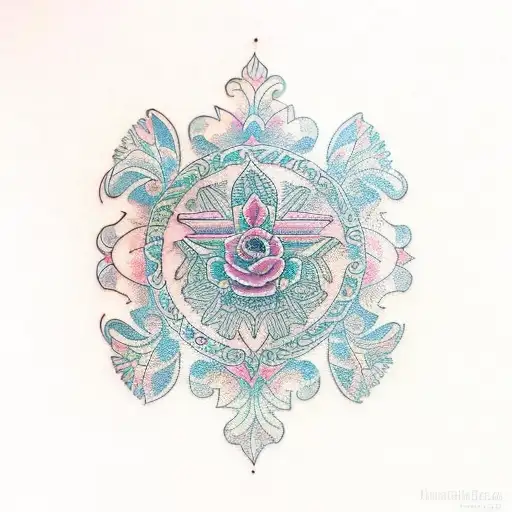 A Traditional Style Tattoo Depicting The Word 'Faith' Surrounded By Intricate Floral Patterns