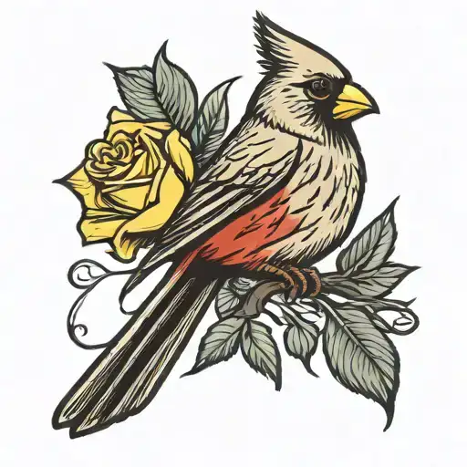 Cardinal Bird Holding Yellow Rose