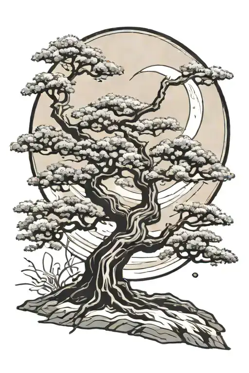 Bonsai Tree With Moon In Background