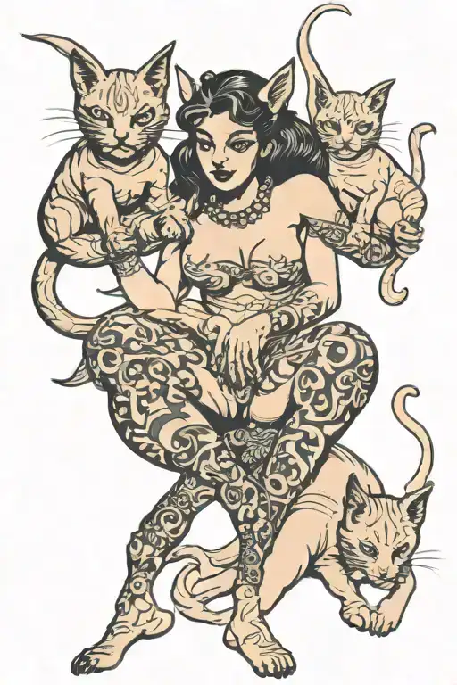 Nude Demon Girl Hold Two Furious Cats