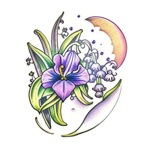 Lily Of The Valley And Violets With A Crescent Moon And A Small Dinosaurs