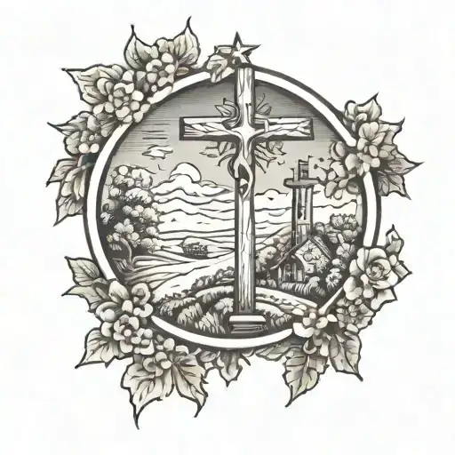 Country Scene And Religious Cross Intertwined